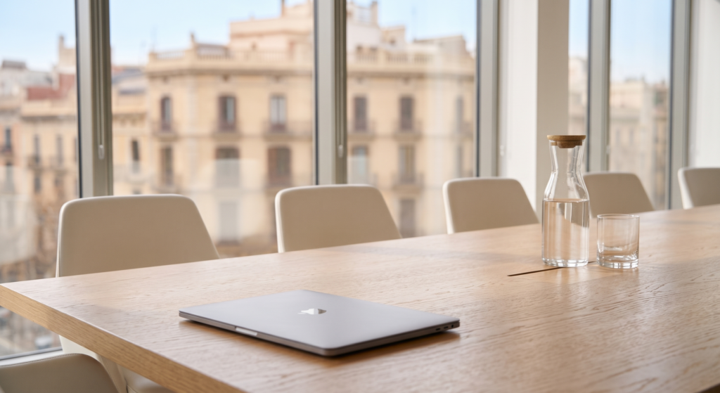 Detalle de la mesa de reuniones del despacho de Pablo Luna Abogados en Barcelona